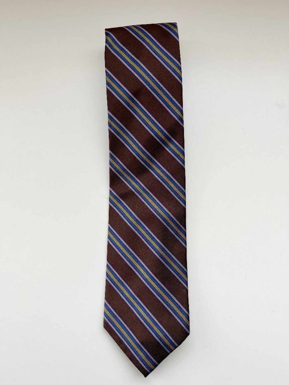 Brown Blue Gold Striped Repp Silk Tie Classic preppy collegiate retro vintage